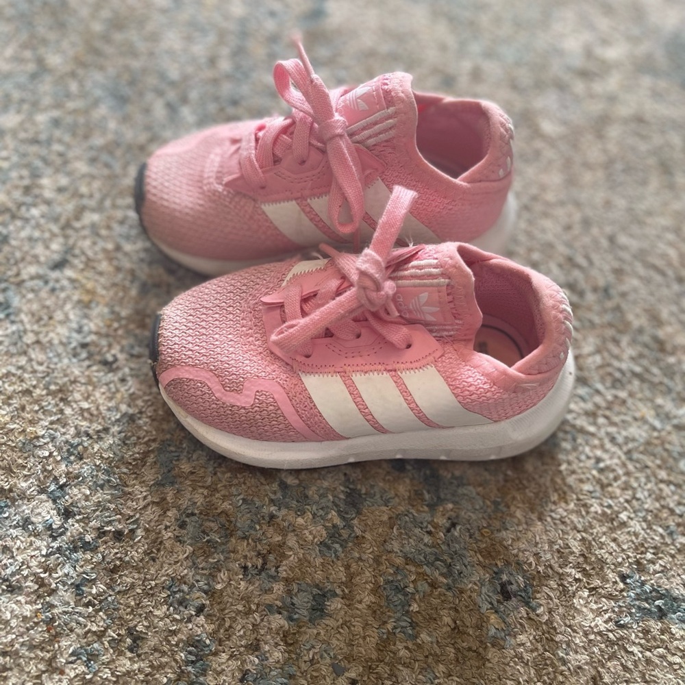 adidas Pink Kids Lace-Up Sneakers with White Stripes